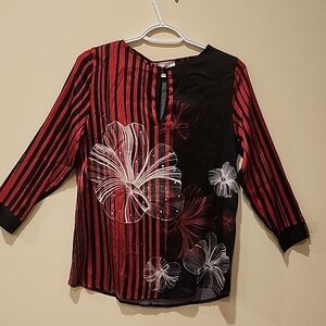 Elegant Floral Striped Blouse - Red and Black